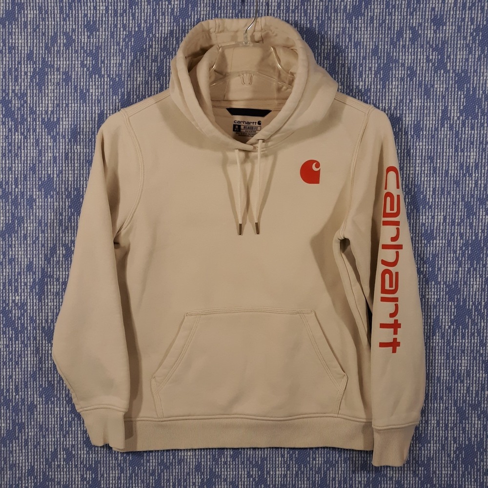 Carhartt Hoodie Sweatshirt Pullover Womens Medium 8-10 Relaxed Fit Beige Work